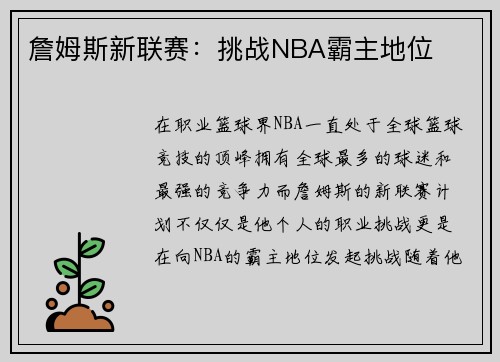詹姆斯新联赛：挑战NBA霸主地位